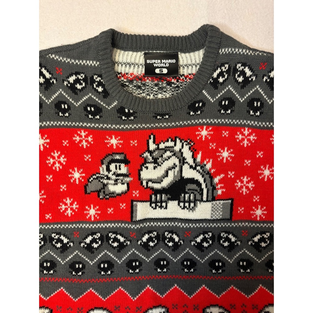 Super Mario World Ugly Christmas Sweater Bowser Mario Red Grey Small